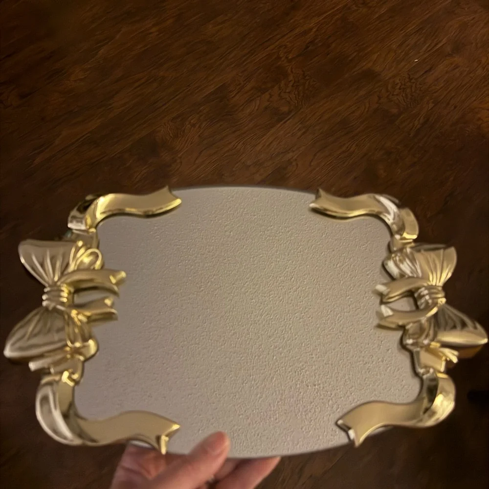 Hollywood Regency Style Vanity Mirror Tray Featuring Gold Ribbon And Bow Design